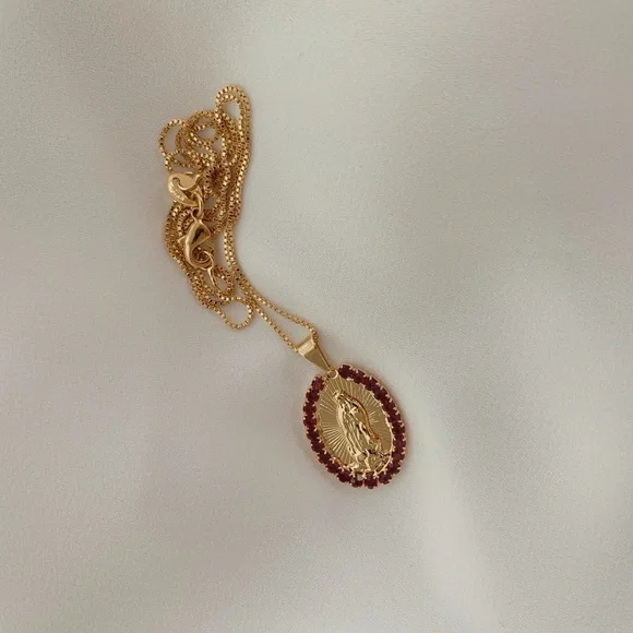 Virgin Mary Garnet Necklace | 18k Gold Filled - Picture 4 of 6